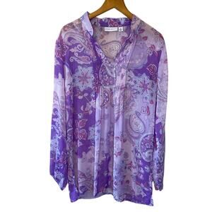 Susan Garver Paisley Floral Boho Purple Pleated Long Sleeve Tunic Blouse Medium